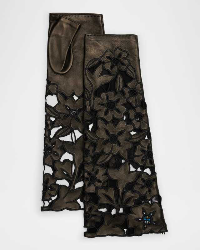 Flower Embroidered Leather Fingerless Gloves
